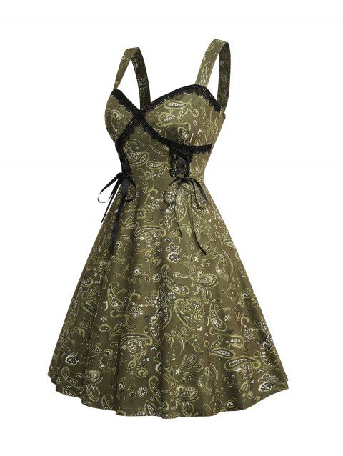 Paisley Print Front Lace-Up Cami Dress Sleeveless A Line Dress