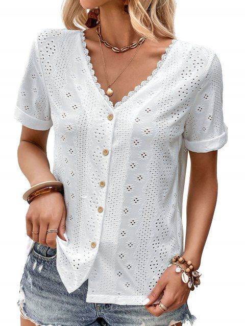 Eyelet Embroidery Lace Trim T Shirt Short Sleeve Tops Button Back Tee
