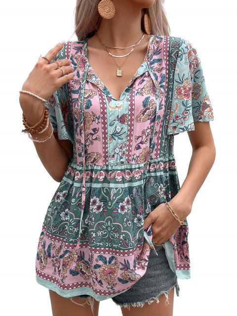Women Retro Floral Print Tie Neck Short Flare Sleeve Casual Fashional Top