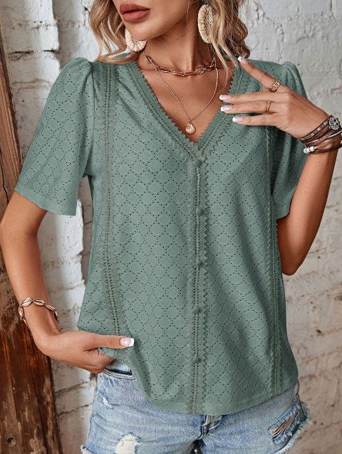 Womens Solid V Neck Short Sleeve Summer Breathable Top For Leisure