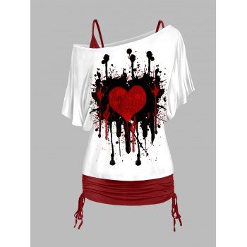 

Valentine's Day Heart Paint Print Oblique Shoulder T-shirt And Cinched V Neck Spaghetti Strap Camisole Two Piece Set, Deep red