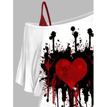 Valentine`s Day Heart Paint Print Oblique Shoulder T-shirt And Cinched V Neck Spaghetti Strap Camisole Two Piece Set 