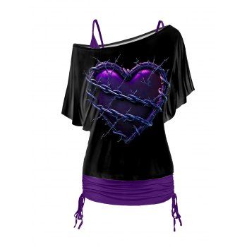 

Broken Heart In Chains Pattern Oblique Shoulder T Shirt And Cinched V Neck Spaghetti Strap Two Piece Set, Concord