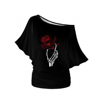 

Valentine's Day Red Rose Skeleton Print Oblique Shoulder Batwing Sleeve T-shirt, Black