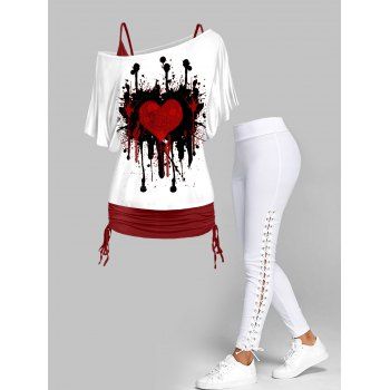 

Valentine's Day Oblique Shoulder T Shirt With V Neck Spaghetti Strap Top Set And Lace Up Plain Pants Outfit, Multicolor