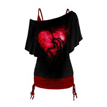 

Valentine's Day Heart Flame Skeleton Print Oblique Shoulder T-shirt And Cinched V Neck Spaghetti Strap Top Two Piece Set, Black