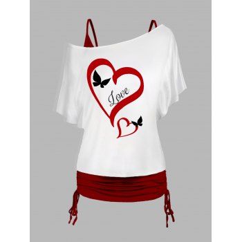 

Valentine's Day Love Heart Butterfly Print Oblique T-shirt And Cinched V Neck Camisole Two Piece Set, White