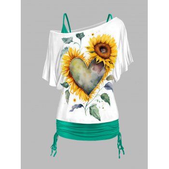 

Sunflower Heart Leaf Print Oblique Shoulder T Shirt And Cinched V Neck Spaghetti Strap Two Piece Set, Green