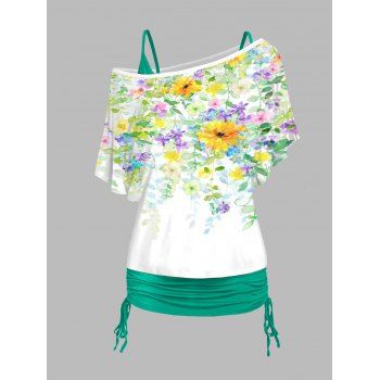 

Watercolor Flower Leaf Print Oblique Shoulder T Shirt And Cinched V Neck Spaghetti Strap Two Piece Set, Green