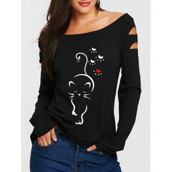 

Valentine's Day Boat Neck Cut Out Shoulder Tee Walk Cat Print Long Sleeve T Shirt, Black