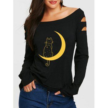 

Boat Neck Cut Out Shoulder Tee Moon Cat Print Long Sleeve Summer T Shirt, Black