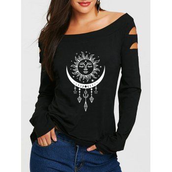 

Boat Neck Cut Out Shoulder Tee Sun Moon Print Long Sleeve T Shirt, Black