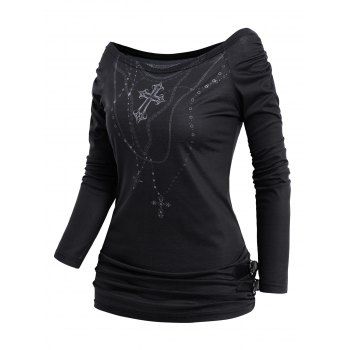 

Cross Print Off The Shoulder Long Sleeve Casual Top, Dark gray