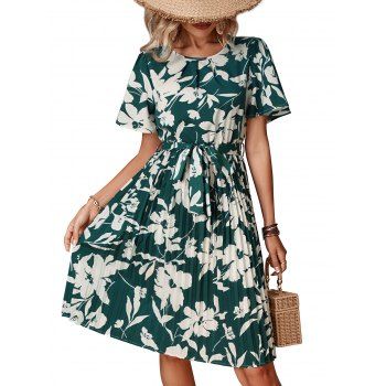 

Women Summer A Line Fashion Flowers Print Midi Casual Short Sleeve Flare Sleeve Round Neck Dress, Deep green