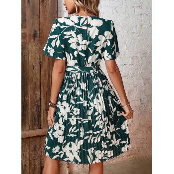 Women Summer A Line Fashion Flowers Print Midi Casual Short Sleeve Flare Sleeve Round Neck Dress