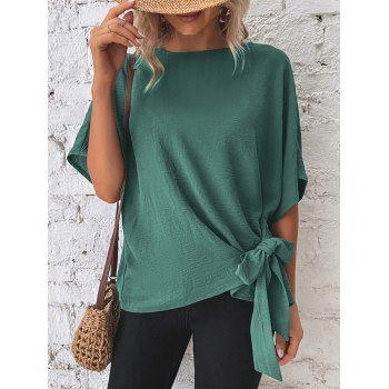 

Solid Color Batwing Sleeve Tie Side Tee Crew Neck Loose T Shirt, Green