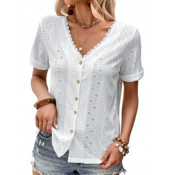 

Eyelet Embroidery Lace Trim T Shirt Short Sleeve Tops Button Back Tee, White