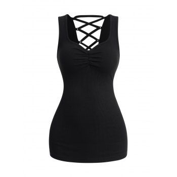 

Plain Color Criss Cross Cinched Ruched Round Neck Tank Top, Black