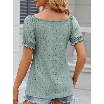 Eyelet Cinched Bust Poet Sleeve Plain Color Tee Ruched V Neck Short Sleeve T Shirt