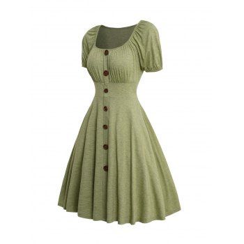 Square Neck Mock Button Dress Plain Color Short Sleeve Dress 