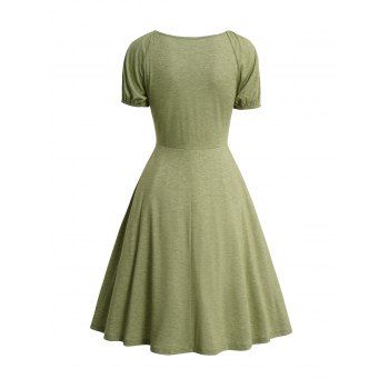 Square Neck Mock Button Dress Plain Color Short Sleeve Dress 