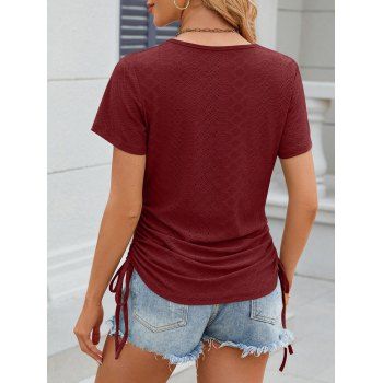 Solid Eyelet Short Sleeve Hollow Out Round Neck Drawstring T-Shirt