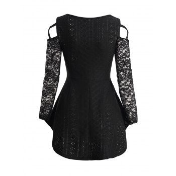 Plain Color Top See Thru Flower Lace Panel Cinched Asymmetrical Top 