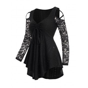 Plain Color Top See Thru Flower Lace Panel Cinched Asymmetrical Top 