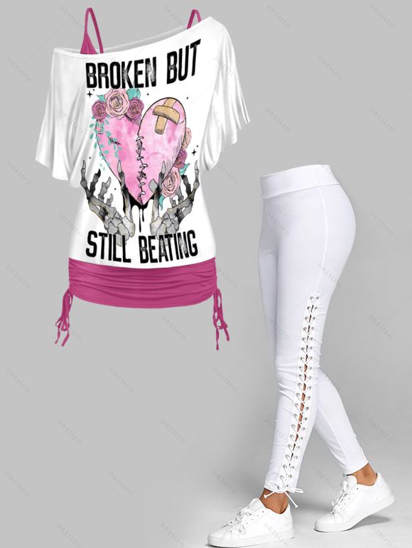 T-shirt coeur brisé imprimé Rose avec ensemble de dessus à sangle Spaghetti et pantalon mince uni - multicolor S | US 4