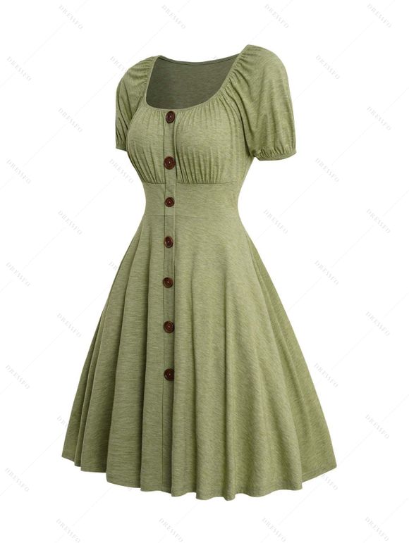 Robe Simple Boutonnée en Couleur Unie Manches Courtes à Col Carré - Vert clair S | US 4