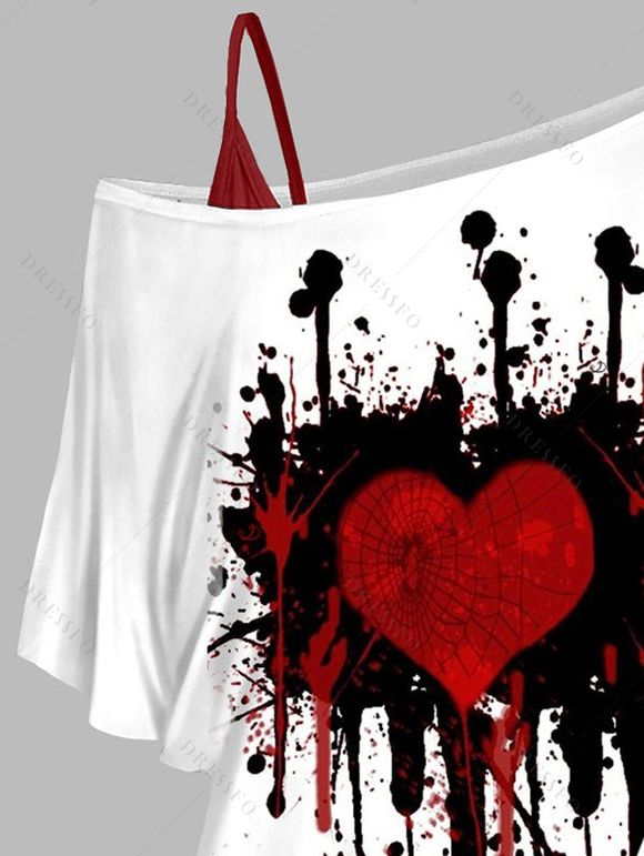 Ensemble de Camisole Cœur Peinture Imprimée à Epaule Dénudée à Volants Deux Pièces à Col V - Rouge foncé XXL | US 12