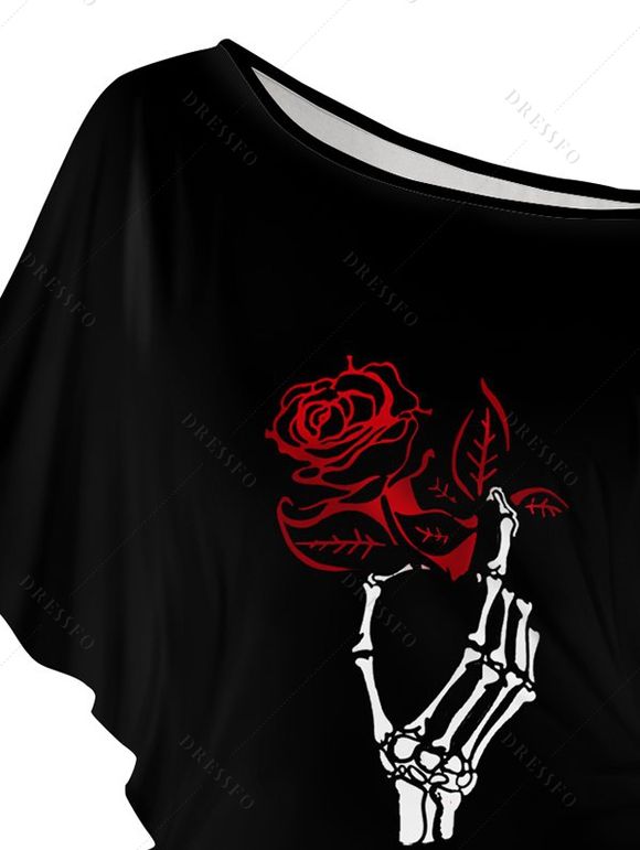 Saint Valentin Rose rouge imprimé squelette épaule Oblique manches Batwing T-shirt - Noir S | US 4