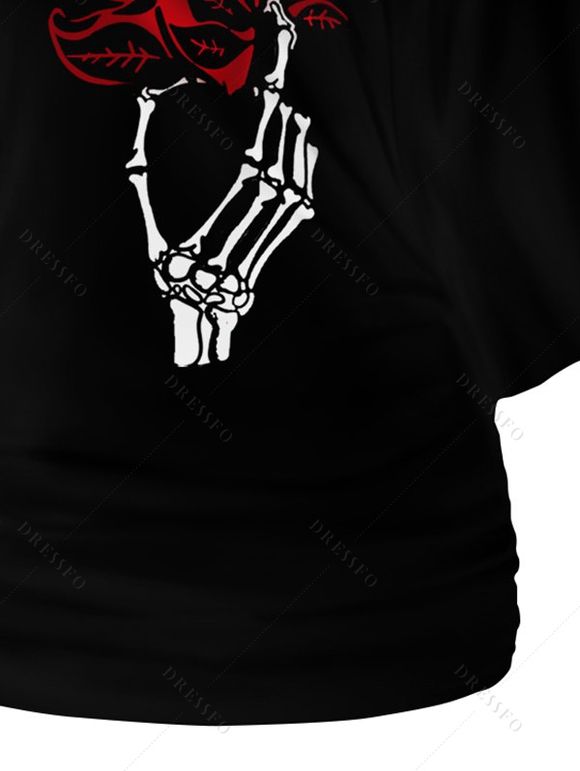 Saint Valentin Rose rouge imprimé squelette épaule Oblique manches Batwing T-shirt - Noir S | US 4