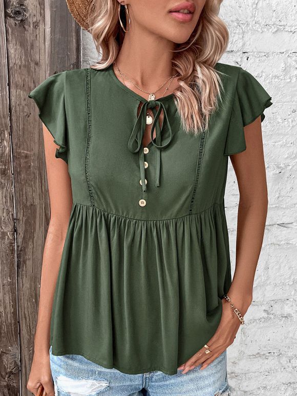 T-shirt Simple Boutonné en Couleur Unie Manches Courtes à Col V - Vert profond M | US 6