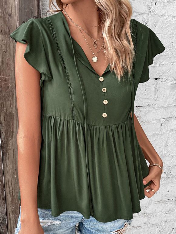 T-shirt Simple Boutonné en Couleur Unie Manches Courtes à Col V - Vert profond M | US 6