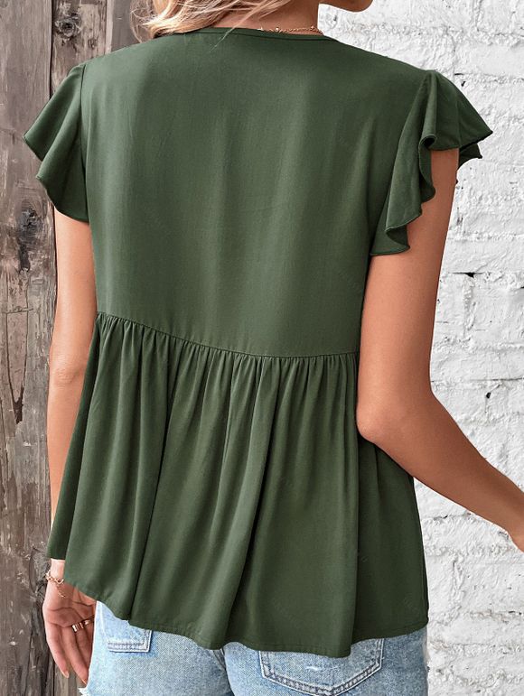 T-shirt Simple Boutonné en Couleur Unie Manches Courtes à Col V - Vert profond M | US 6