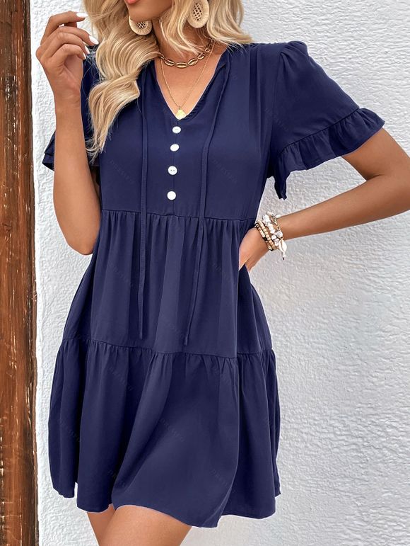 Robe en Couleur Unie Ourlet à Volants à Manches Nouées - Bleu profond M | US 6