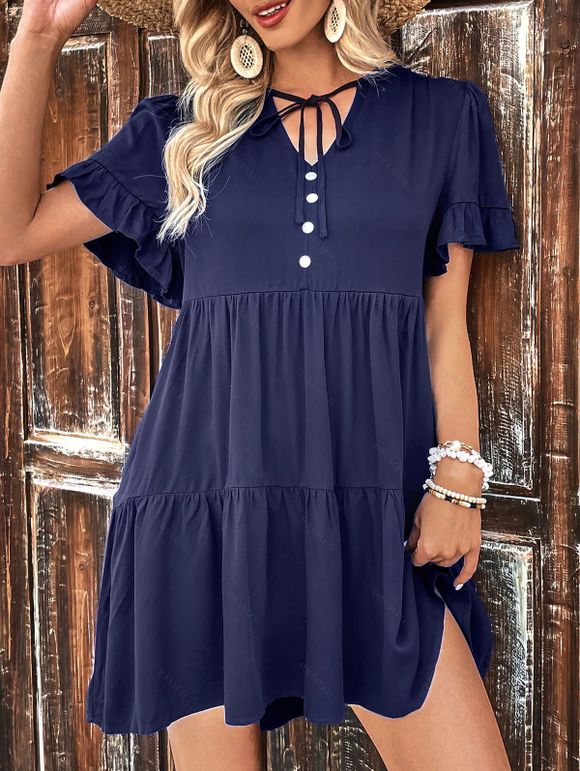 Robe en Couleur Unie Ourlet à Volants à Manches Nouées - Bleu profond M | US 6