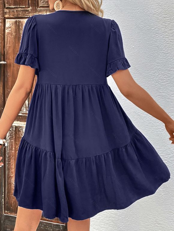 Robe en Couleur Unie Ourlet à Volants à Manches Nouées - Bleu profond M | US 6