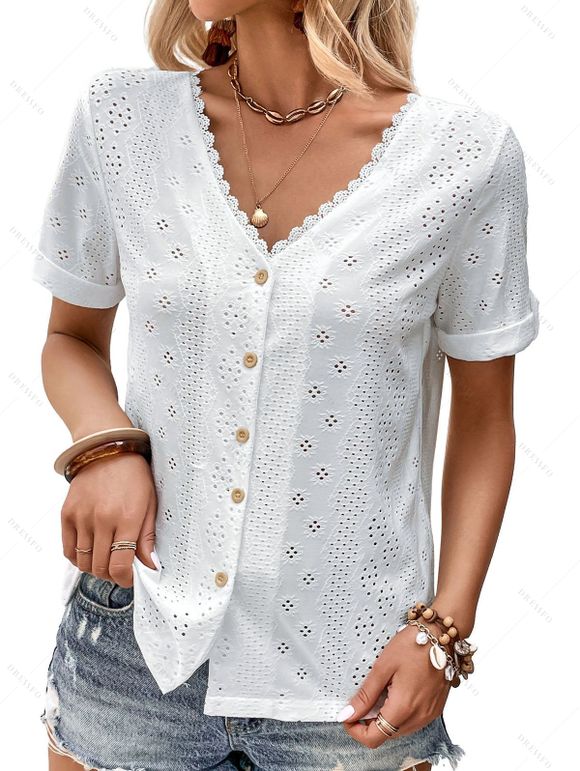 T-shirt Brodé Boutonné en Dentelle Au Dos à Manches Courtes - Blanc XL | US 12