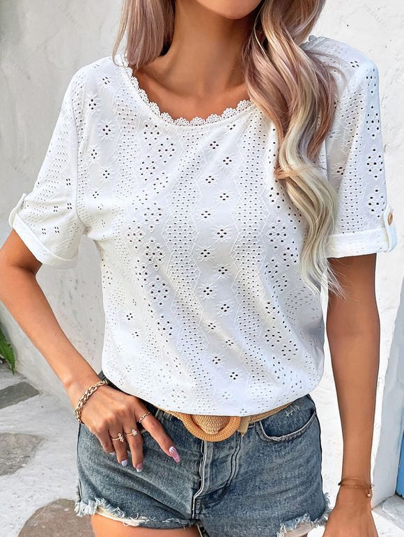 Eyelet Embroidery Lace Trim T Shirt Short Sleeve Tops Button Back Tee - WHITE XL | US 12