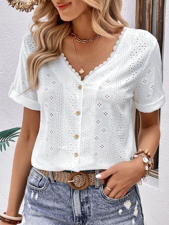 Eyelet Embroidery Lace Trim T Shirt Short Sleeve Tops Button Back Tee - WHITE XL | US 12
