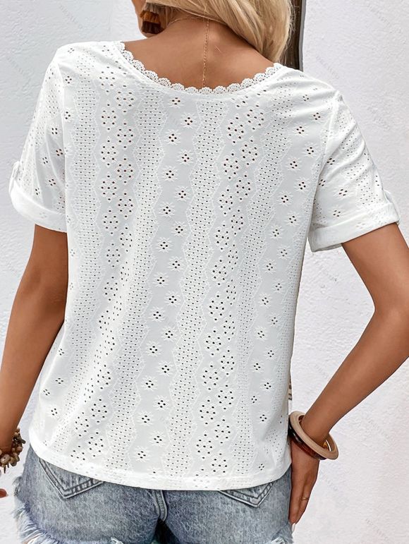 Eyelet Embroidery Lace Trim T Shirt Short Sleeve Tops Button Back Tee - WHITE XL | US 12