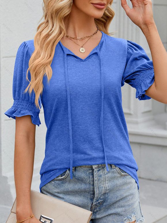 T-shirt Lacé à Col Rond à Manches Lanternes pour Femme - Bleu Ciel M | US 6