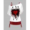 Valentine's Day Heart Paint Print Oblique Shoulder T-shirt And Cinched V Neck Spaghetti Strap Camisole Two Piece Set