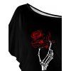 Saint Valentin Rose rouge imprimé squelette épaule Oblique manches Batwing T-shirt - Noir L | US 8-10