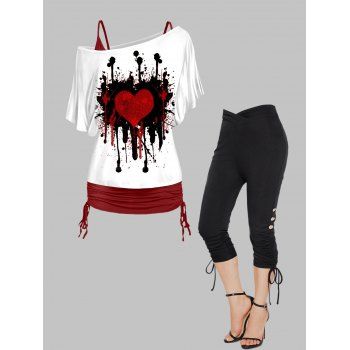 

Valentine's Day Oblique Shoulder T-shirt Cinched Camisole Set And Cropped Leggings Outfit, Multicolor