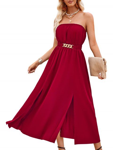 Solid Color Strapless Chain Belt Slit Dress M-Slit Ruched Midi Dress