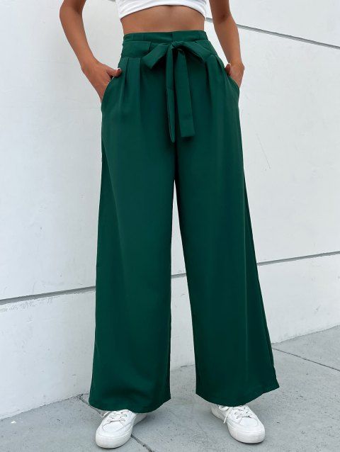 Solid Color Pocket Self Belted Straight Trouser Pleated Bow-Knot Self Tie Wide Leg Pants