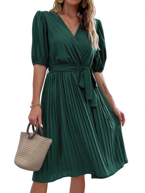 Solid Color Surplice Front Pleated Puff Sleeve Dress Self- Belted Three-quarter Sleeve Knee Length Dress